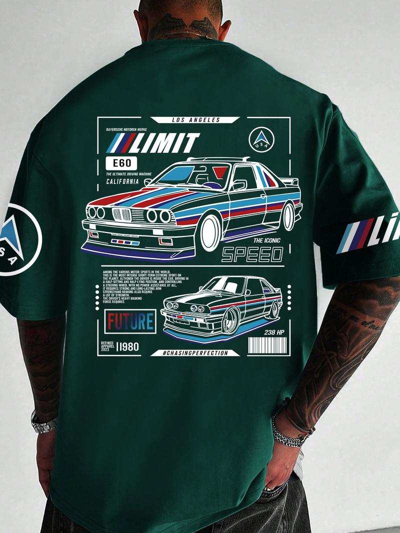 Men's Car & Letter Print Short Sleeve Graphic Tee, Regular Fit Streetwear Casual Round Neck T-shirt for Summer, Men's Top for Daily Wear