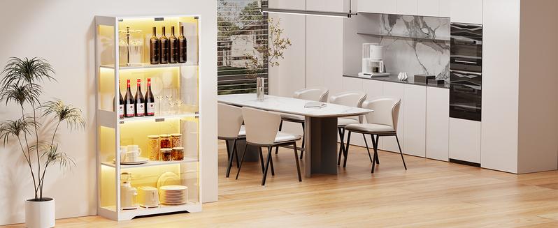 MIIFUNY Display Cabinet with Glass Doors, Storage Cabinet with 3 Color Light, 4-Tier Curio Cabinet Bookcase for Collectibles, Toys, Books, for Playroom, Bedroom, Study Room, White