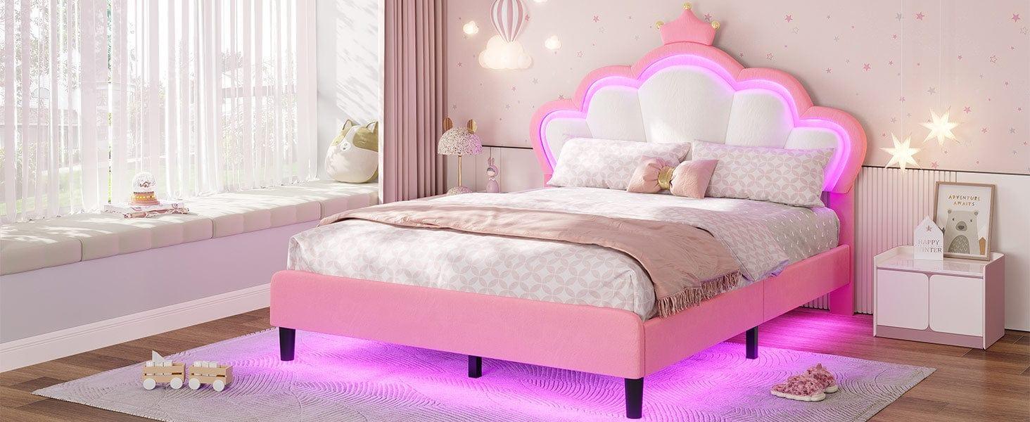 Sikaic  Bed Frame with Princess Crown and LED Velvet Upholstered Platform Pink Modern Bed Frame with Adjustable Headboard, No Box Spring Needed gift for teen girl