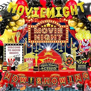 121pcs Movie Night Decorations, Movie Theme Party Decorations, Movie Theater Decorations, Backdrop, Banners, Cardstocks, Tablecloth, Popcorn Clapboard Foil Balloons Arch for Movie Night Birthday Party