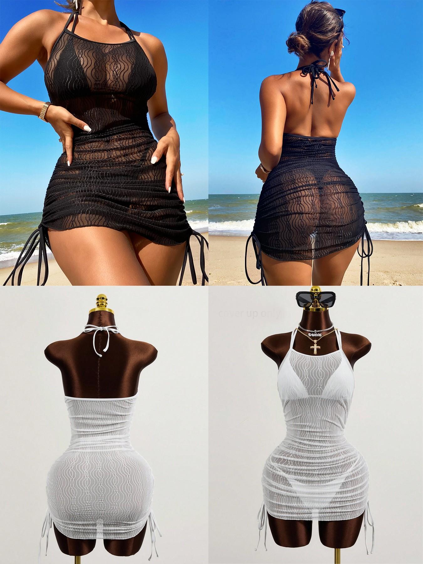 Summer Women's Transparent Halter Ruched Drawstring Tight Fit Vacation Sexy Beach Cover-Up, Sheer Cover Up, Stylish and Comfortable Summer Wear Swimsuit Cover Up, Swimwear Coverups