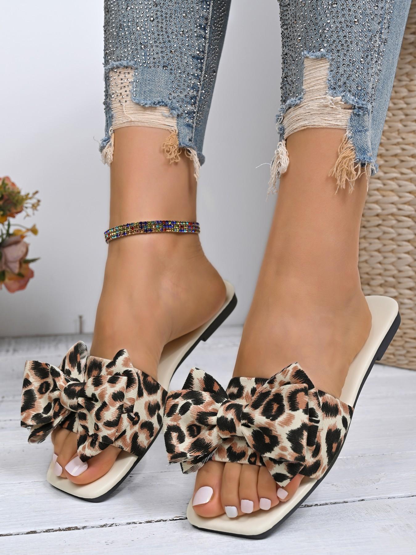 Leopard Print Bow Square Toe Sandals for Women, Summer Open-Toe Slippers, Versatile Fashion Flip Flops, Comfortable Outdoor Wear