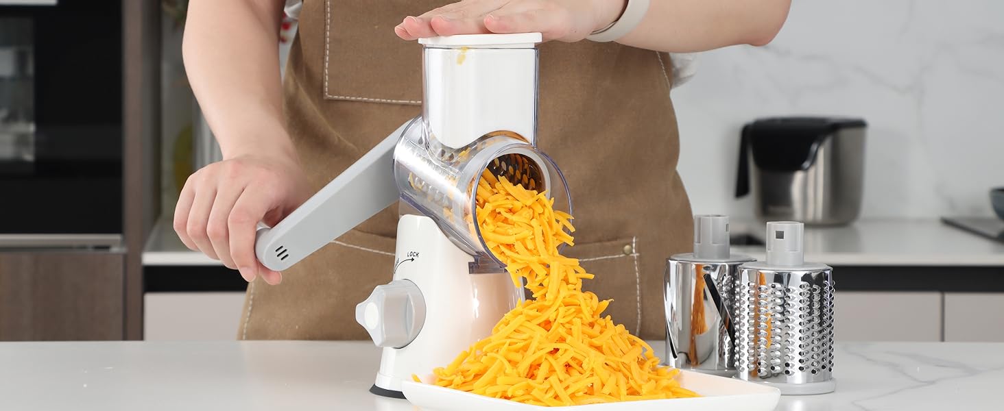 Ourokhome Rotary Cheese Grater Christmas Gift Vegetable Slicer Kitchen Gadget 3 Stainless Steel Drums Strong Suction Base Utensils Utensils