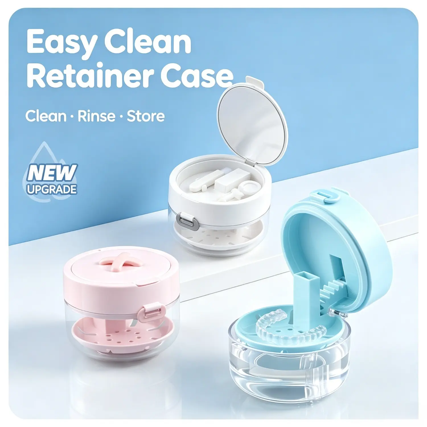 3-in-1 Denture Storage Case with Cleaning Brush & Mirror – Retainer Mouth Guard Soak Container, Auto-Rising Aligner Bath Box, Portable Leakproof Design (White or Blue)