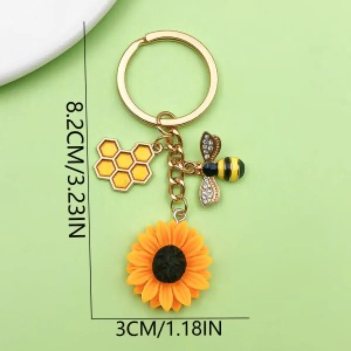 Gold‑Toned Sunflower, Bee & Honeycomb Charm Keychain, Enamel Dangle Bag Pendant With Cubic Zirconia Detail, Decorative Accessory For Keys, Handbags & Backpacks, Nature‑Inspired Small Gift