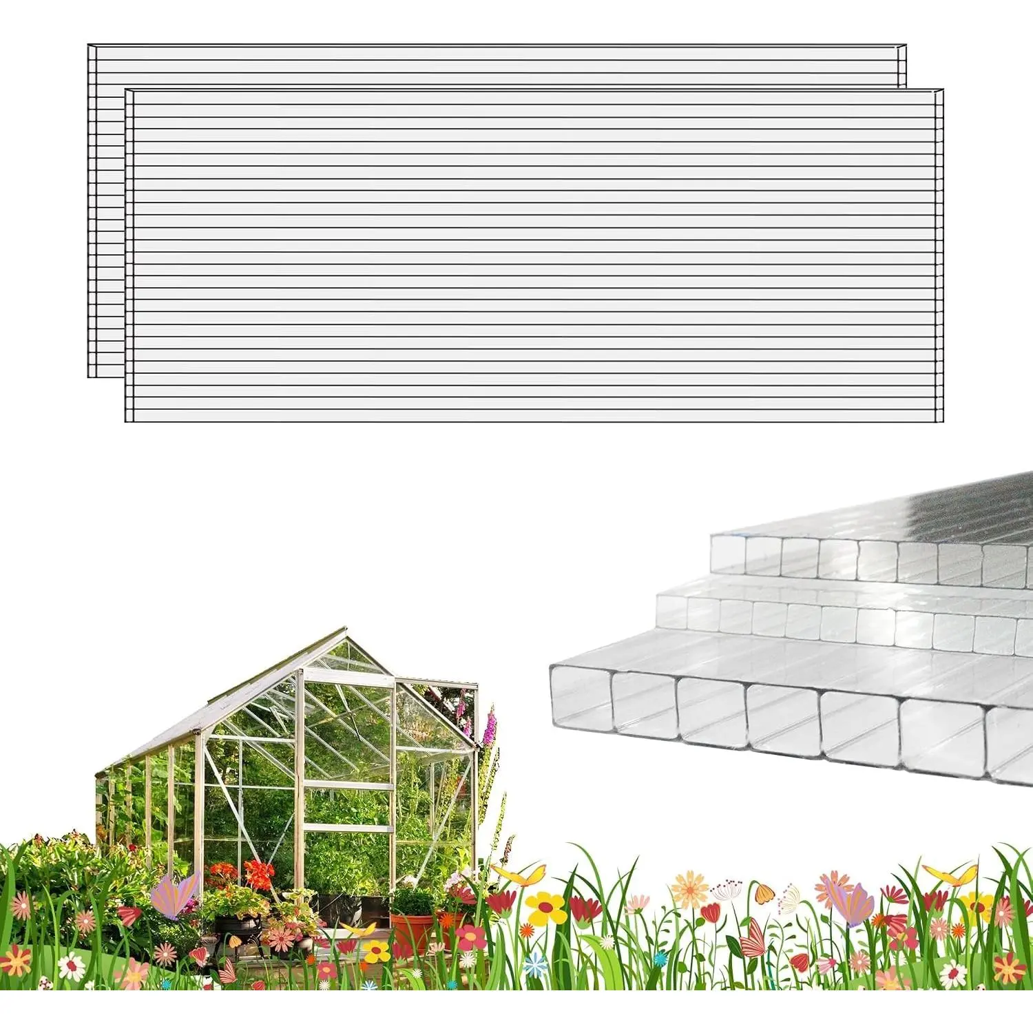 3 PCS 4' x 2' x 0.24'' Polycarbonate Greenhouse Panels, Double Layer Polycarbonate Panels, Outdoor Waterproof, UV Protected, Impact Resistance Clear Sheets, for Garden and Greenhouse