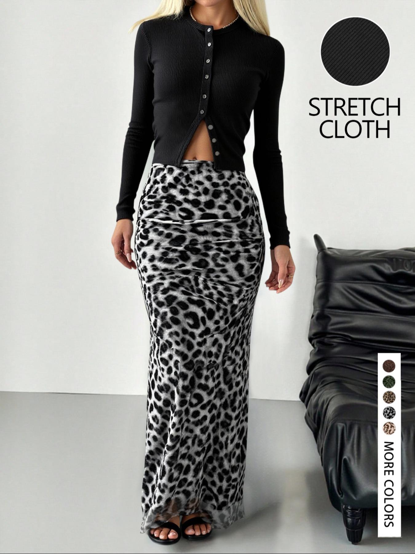 LovelyWholesale，Women's Spring Fashion Solid Color Knit Cardigan Top Leopard Print Half Skirt Two-Piece Set, Casual Slim-Fitting