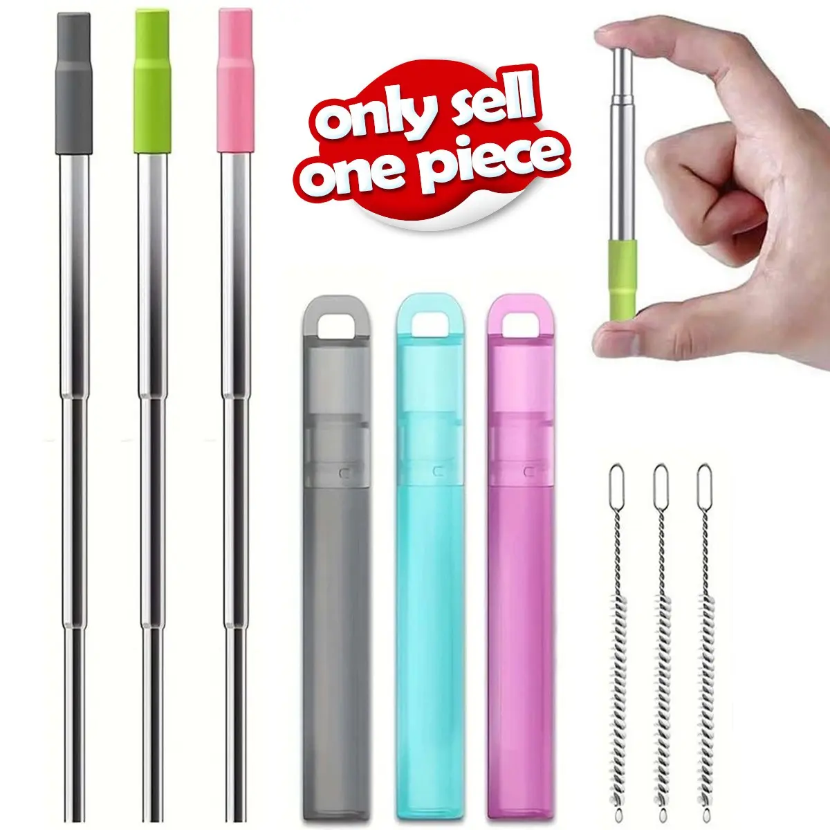 Stainless Steel Reusable Collapsible Portable Straws, with Silicone Tip & Case & Cleaning Brush, Ideal for Travel, Picnic & Camping Accessories Use, Water Bottle Straw