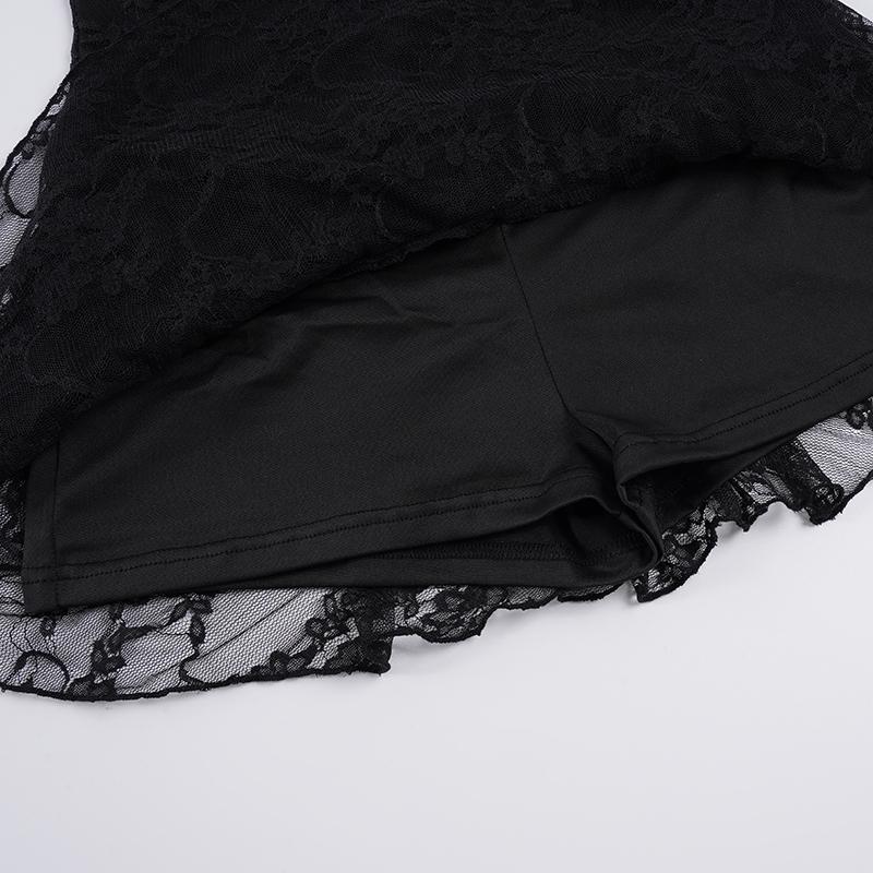 Elegant Lace Mini Dress for Women, Sexy Polka Dot Split Thigh Design, Slim-Fitting A-Line Cake Skirt, Sleeveless Gothic Style