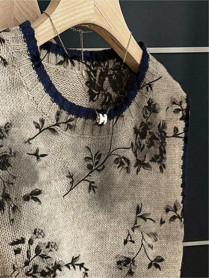 One piece + Women's spring/summer elegant-artistic loose-fit round-neck sleeveless knit top. Deep blue contrast trim + ink-wash painting print. Perfect for refined school days - layer with a vest or wear it solo!