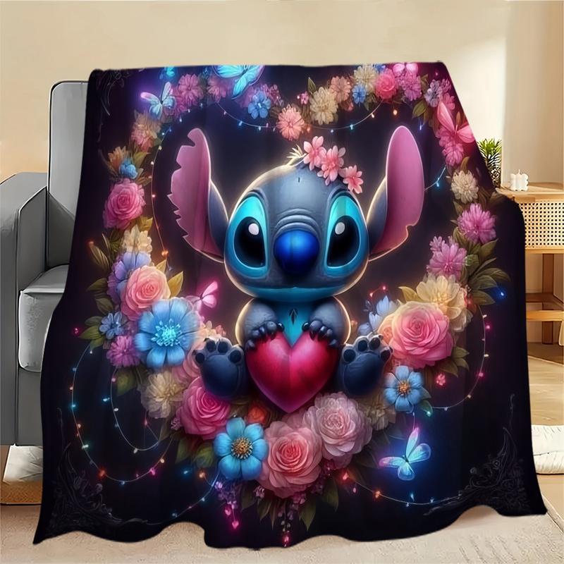 Dreamy Neon Stitch Heart Bouquet Flannel Blanket, Dark Base, Neon Light Effect, Blue Rose Hearts, Butterfly Decor, Holiday Gift