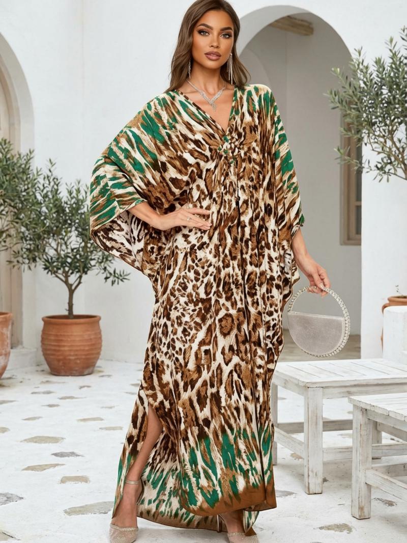 EDOLYNSA leopard print kaftan dresses Women's caftan Boho Caftan relaxed daily wear V-neck beach wear Soft Bohemian muumuu dress vibrant flowy house robe Butterfly sleeve cover up maxi dress Q1755