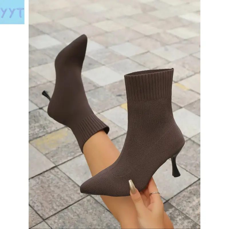 YYT1 Knitted Short Boots Pointed Toe Sock Boots, Elastic Slim Fit Heel Mid-Calf Boots, Ruched Boot, Boot Heels, Stylish Design Women, Fashionable Boots