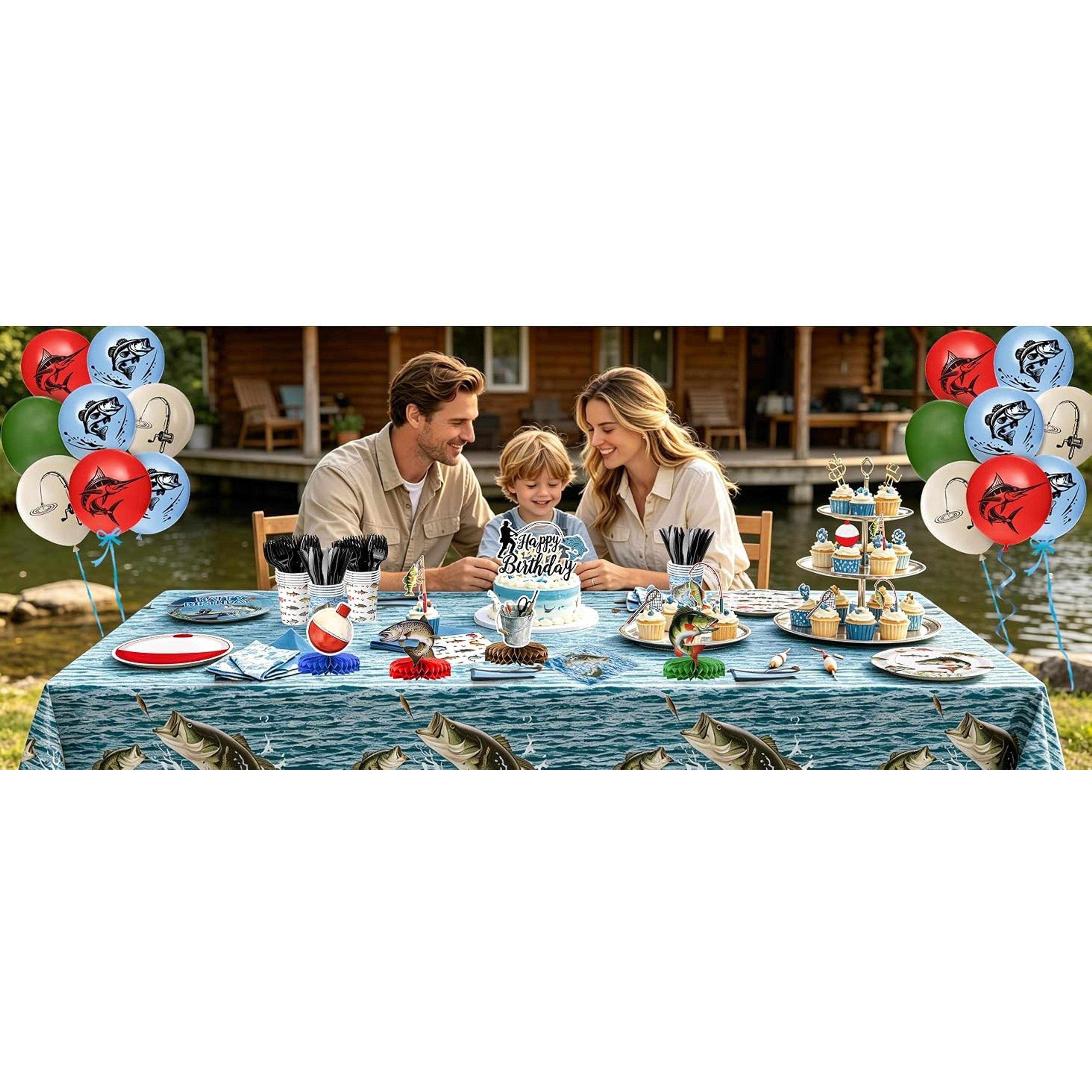 Fishing Birthday Party Decorations Set - Plates, Napkins, Cups, Cutlery, Honeycomb Centerpieces, Banner, Hanging Swirls, Tablecloths, Toppers, Balloons for Ofishally One Birthday, Serves 24