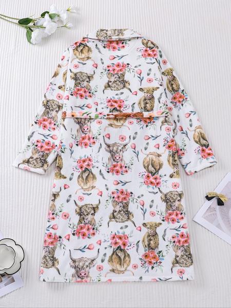 Women's Winter Plush Flannel Pajama Set, Soft Cow Head Print Sleepwear, Long Sleeve V Neck Nightgown with Pockets, Casual Home Wear