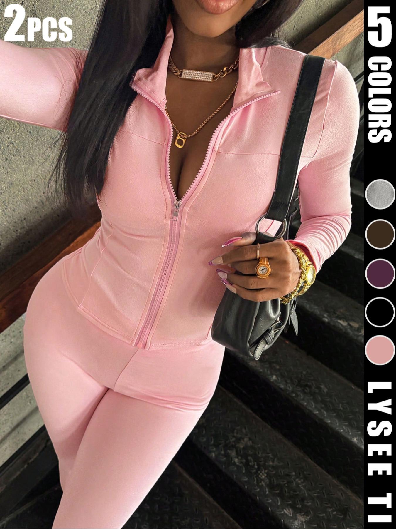 Women's Casual Fashion High-Stretch Sports Yoga Set, Zip-Up Slim Fit Long-Sleeve Top and Tight Pants 2-Piece Set