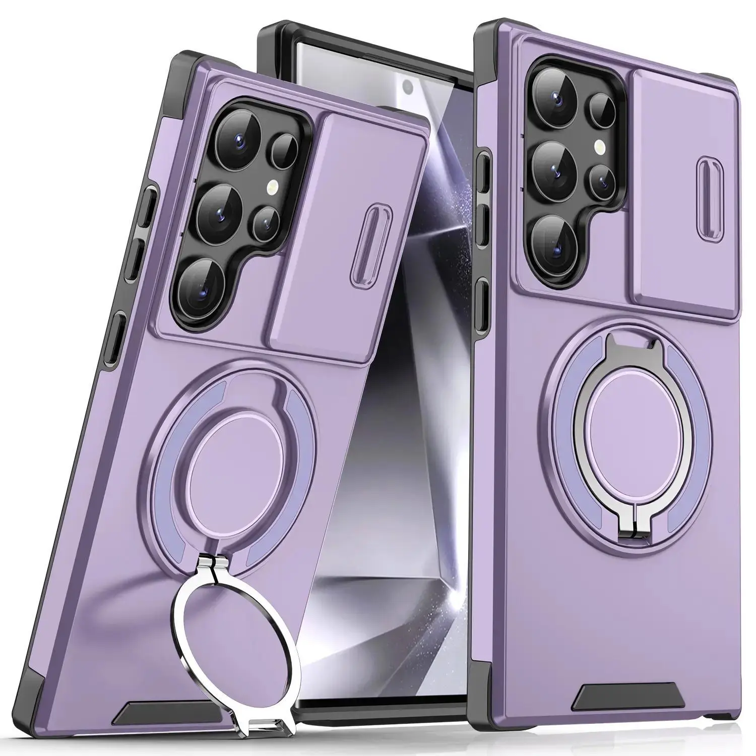 Magnetic Phone Case with Sliding Camera Cover - Shockproof Reinforced Shell, Built-In 360° Rotatable Magnetic Ring Holder Kickstand, Camera Lens Protection, Fits Galaxy S22 S23 S24 S25 S26 Ultra Plus