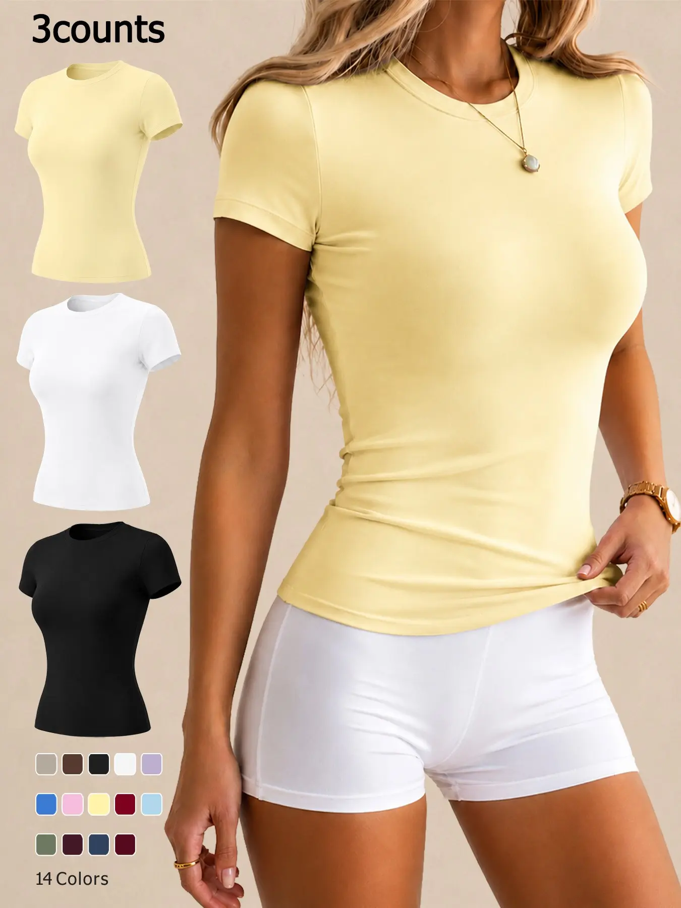 Women’s Workout T Shirt Solid Color Crew Neck Buttery Soft Slim Fit 4 Way Stretch Comfortable Breathable Moisture Wicking Yoga Top for Gym Workout Running Cycling Daily Casual Versatile Fitness Short Sleeve