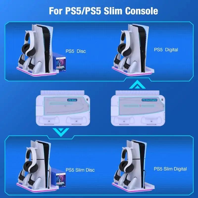 PS5 Stand with Cooling Station and Controller Charging Station for PlayStation 5 Slim Console, PS5 Controller Charger, Cooling Stand, Dynamic Light, Headset Holder for PlayStation 5 Accessories, White