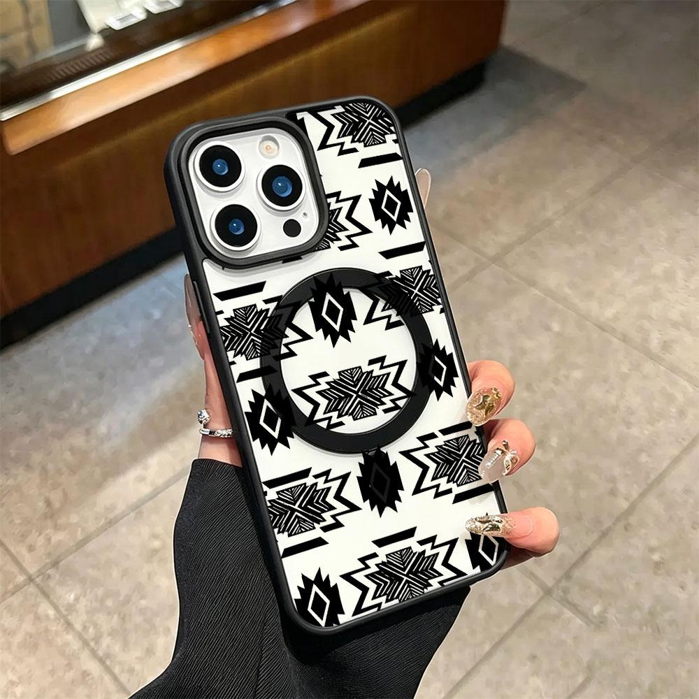 Southwestern Aztec Phone Case for iPhone 17 16 15 14 13 12 11 Pro Max, Black and White Tribal Pattern Protective Cover, Western Style Gift for Men Women