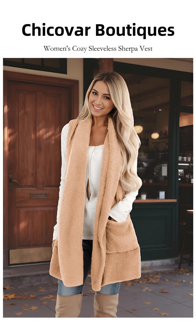Chicovar Women's Sleeveless Sherpa Vest with Pockets【Clearance Sale】, Lapel Open Front Fleece Cardigan Sweater Fuzzy Jacket Coat