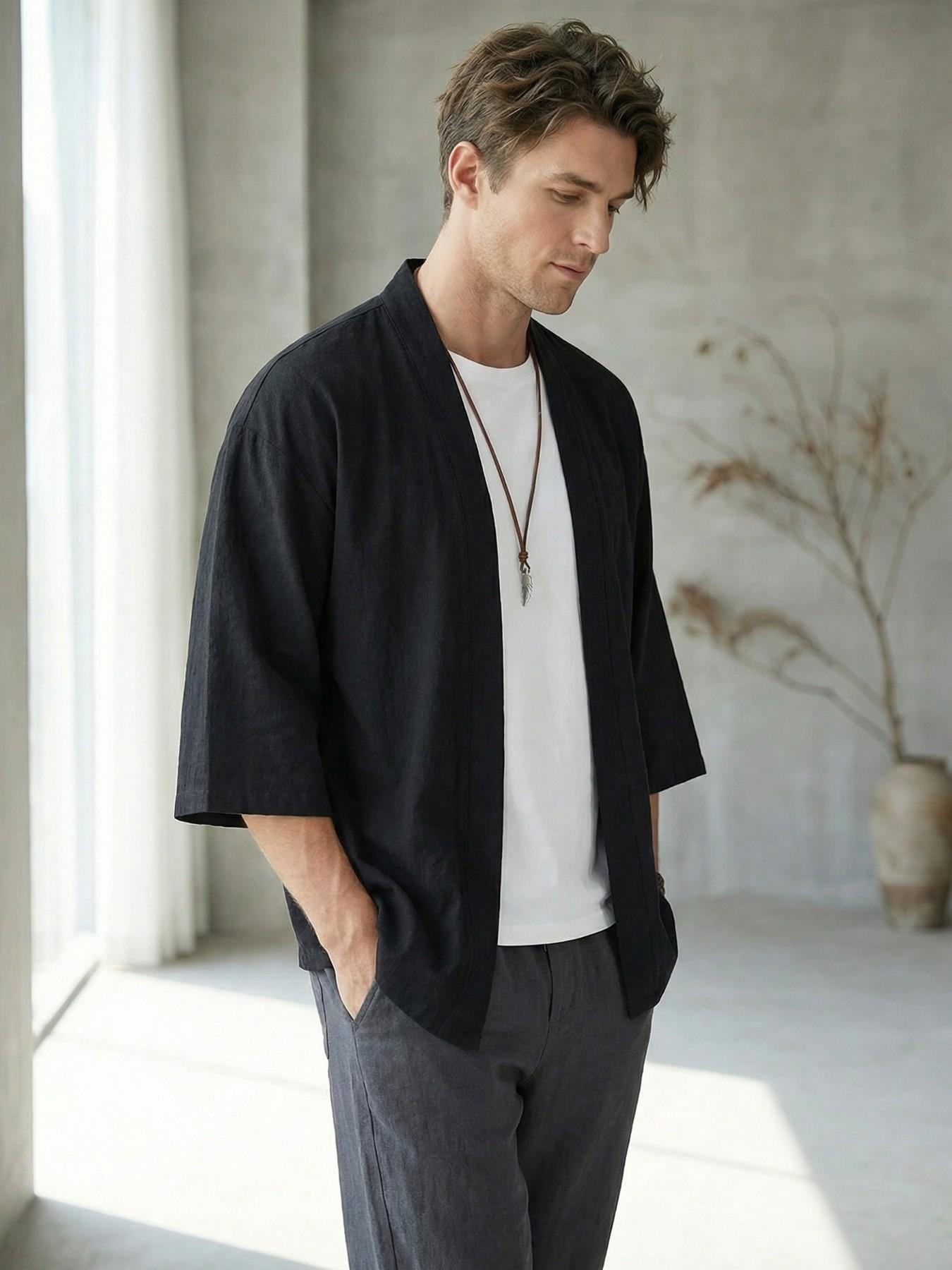 Men's Seven-Quarter Sleeve Japanese Kimono Robe Jacket, Loose Fit Summer Thin Sun Protection Top, Casual Holiday Style