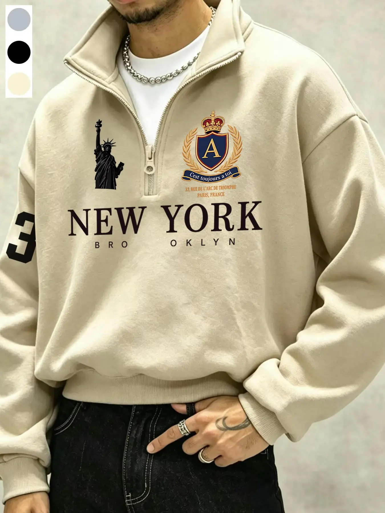 Men's half-zip stand-up collar Printed sweatshirt, Statue of Liberty pattern pullover, retro preppy style quarter-zip fleece top