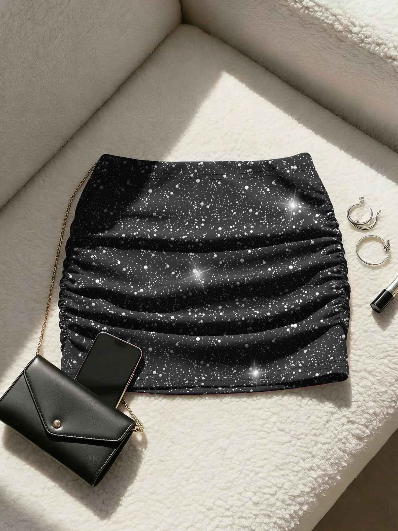 Silver Color Pleated Mini Skirt, High Waist Shiny Tight Fit, Sexy Nightclub Style, Elastic Fabric, Perfect for Parties and Raves