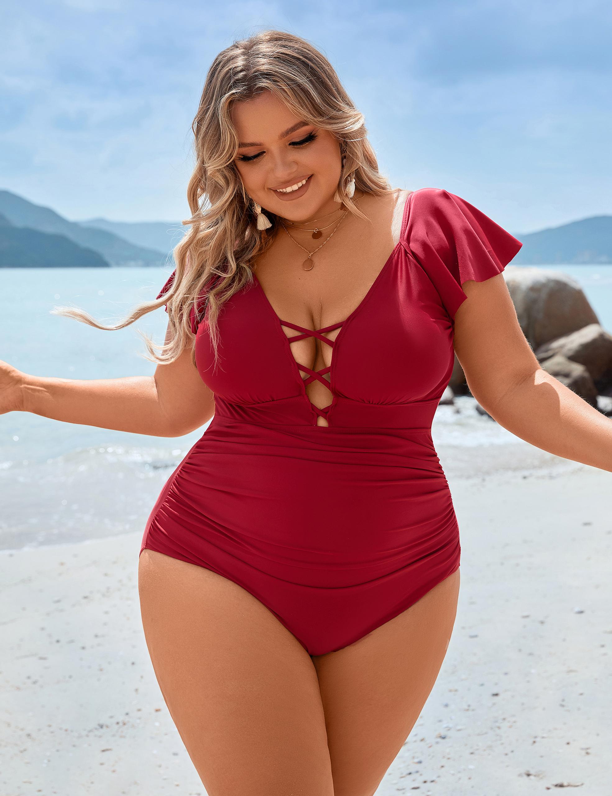 Blooming Jelly Women's Plus Size One Piece Swimsuit Tummy Control Bathing Suit Vintage V Neck Swimwear