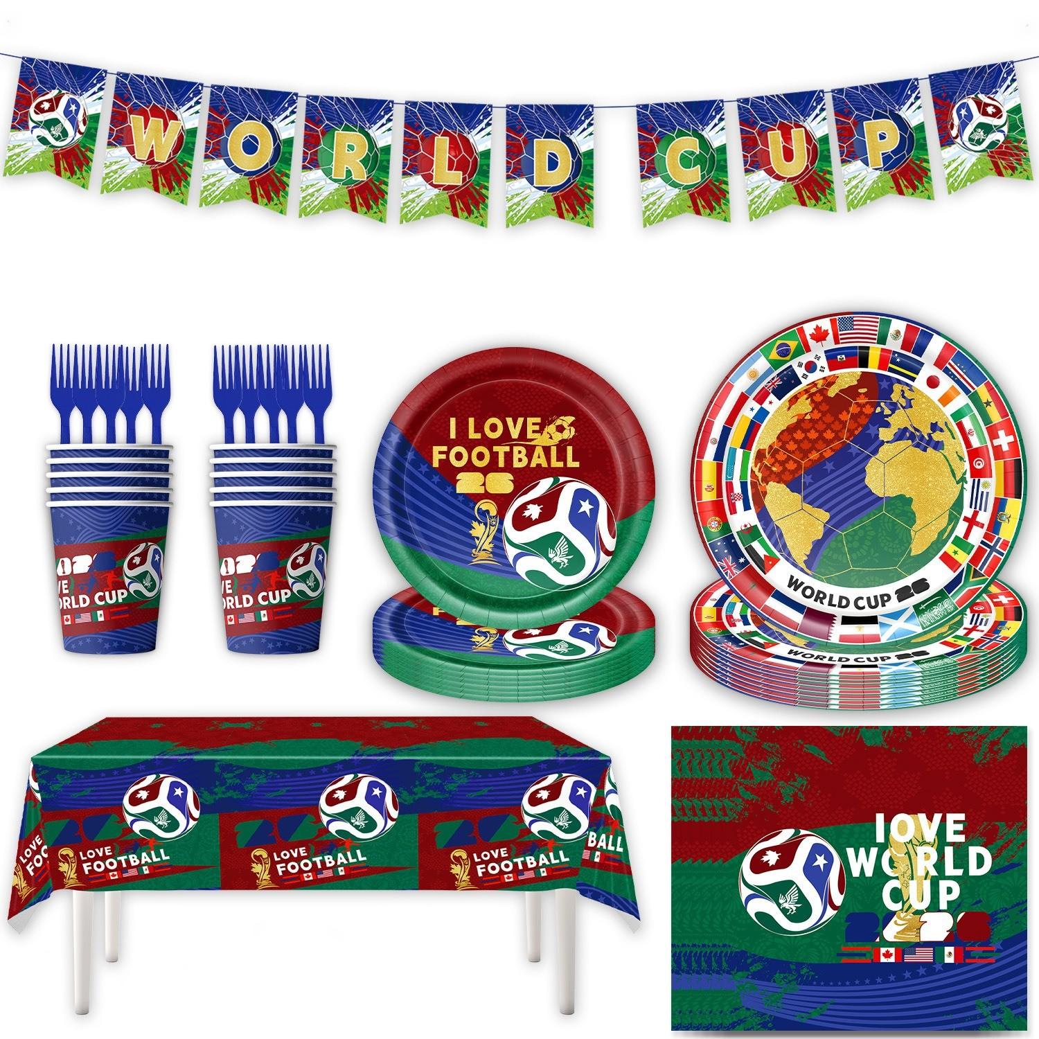 World Cup Football Theme Party Supplies Set, Paper Plates, Napkins, Tablecloth, Banner, Decorations, Balloons, Perfect for Celebrations