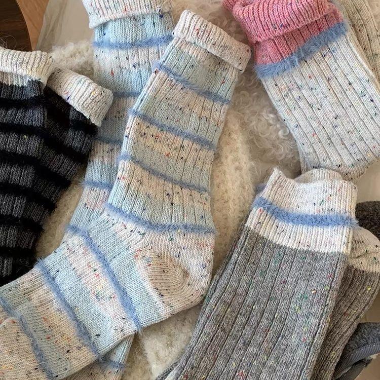 Women's 4PCS Slouch Fit Thick Wool Mid-Calf Socks - Korean Ins Style Color-Block Dot Thick Yarn Thermal Socks for Lady Autumn Winter Daily Wear (Sports & Outdoor Use)