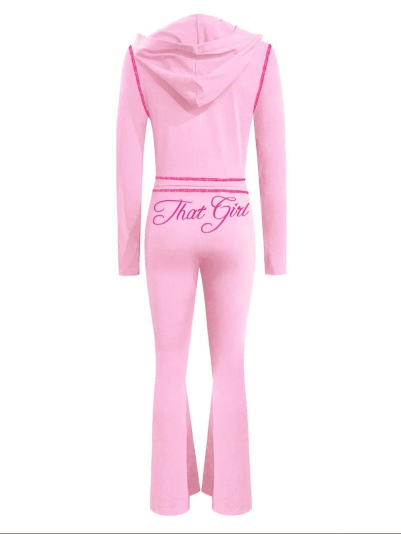 【LovelyWholesale】Women's Casual Sporty Cute Colorblock Print Zipper Design Top Flared Long Pants Set, Lovely Wholesale Us Fashion