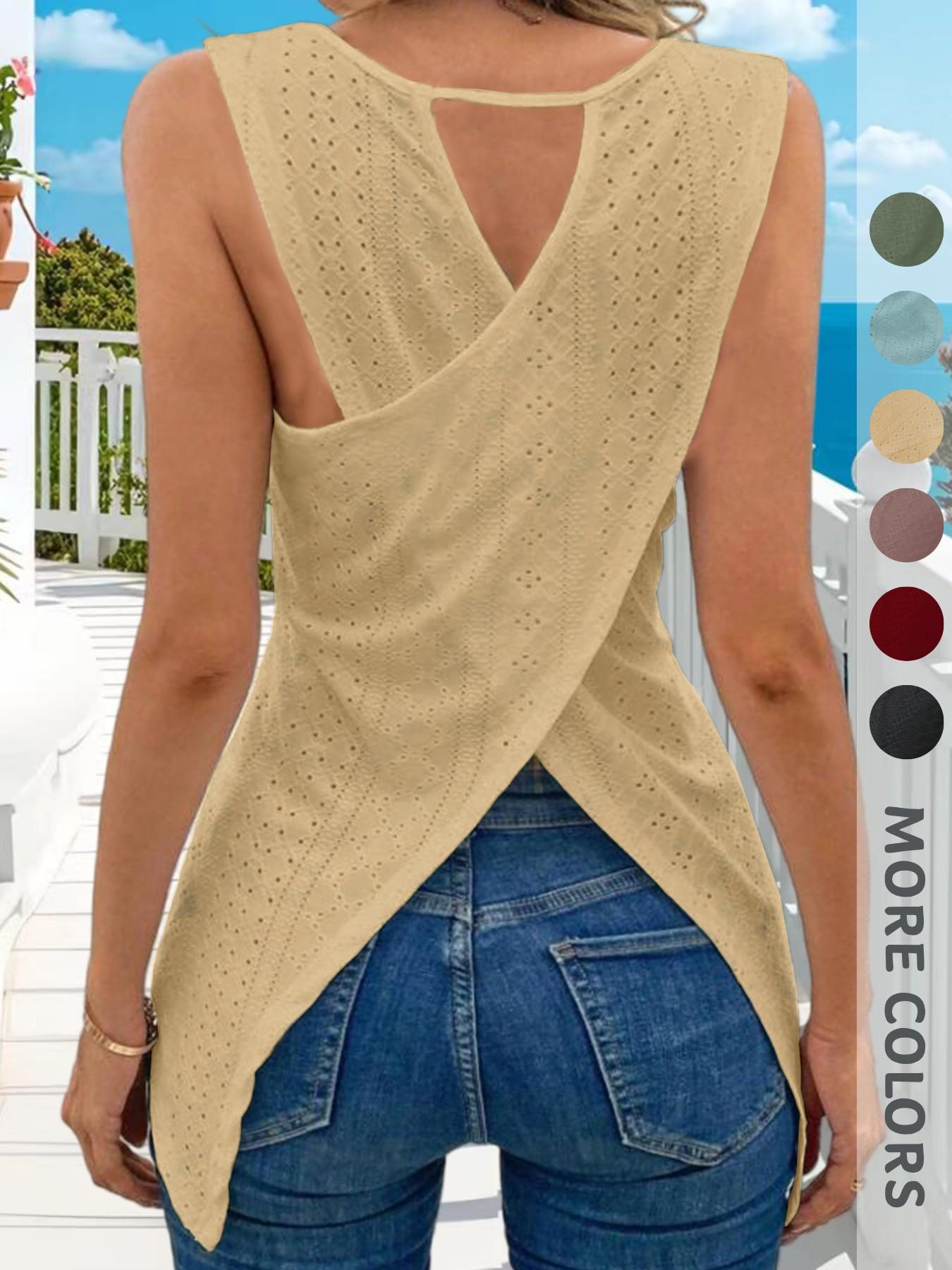 New Summer Women's Plain Sleeveless Top, Hollow Out Irregular Hem Cross Design, Elegant Fashion Commuter Versatile Tank Shirt