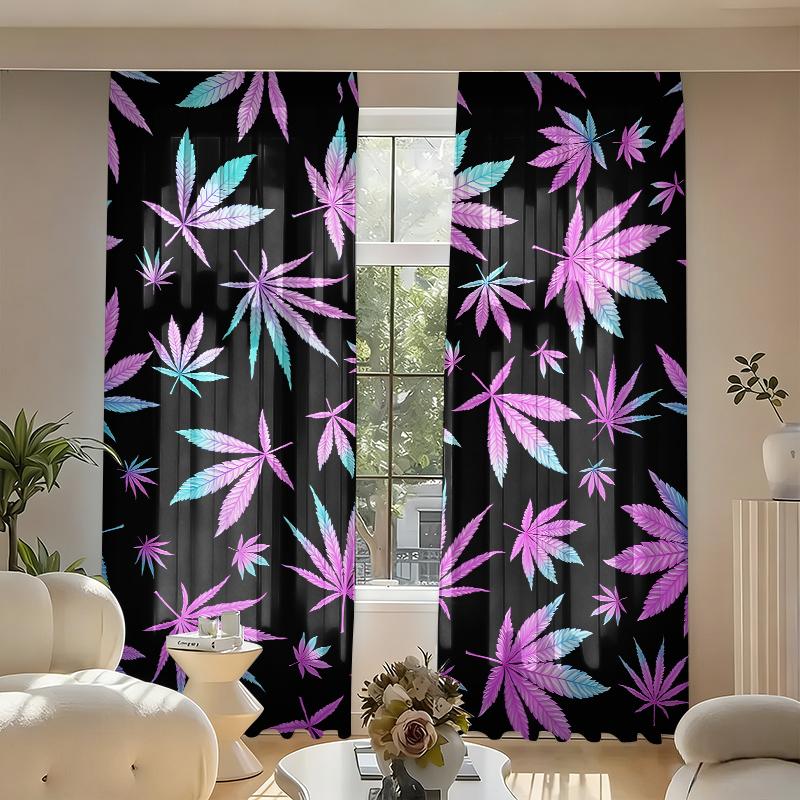 2 pieces of colorful maple leaf theme printed curtains, made of polyester with semi-transparent texture, machine washable, suitable for bedrooms, living rooms and home decoration curtains