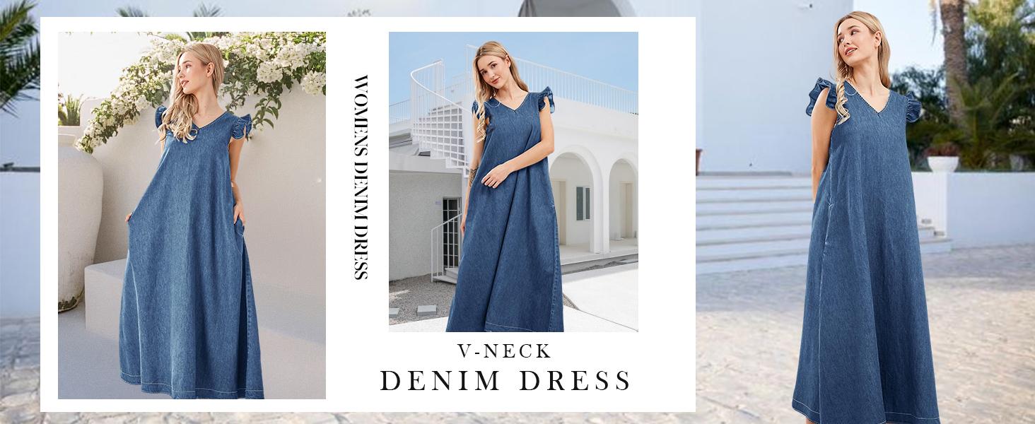 utcoco Women's Summer V Neck Long Denim Dress Casual Loose Ruffle Sleeveless Dress Minimalist V neck Womenswear sundress utcoco Women's Summer V Neck Long Denim Dress Casual Loose Ruffle Sleeveless Dress Minimalist V neck Womenswear sundress