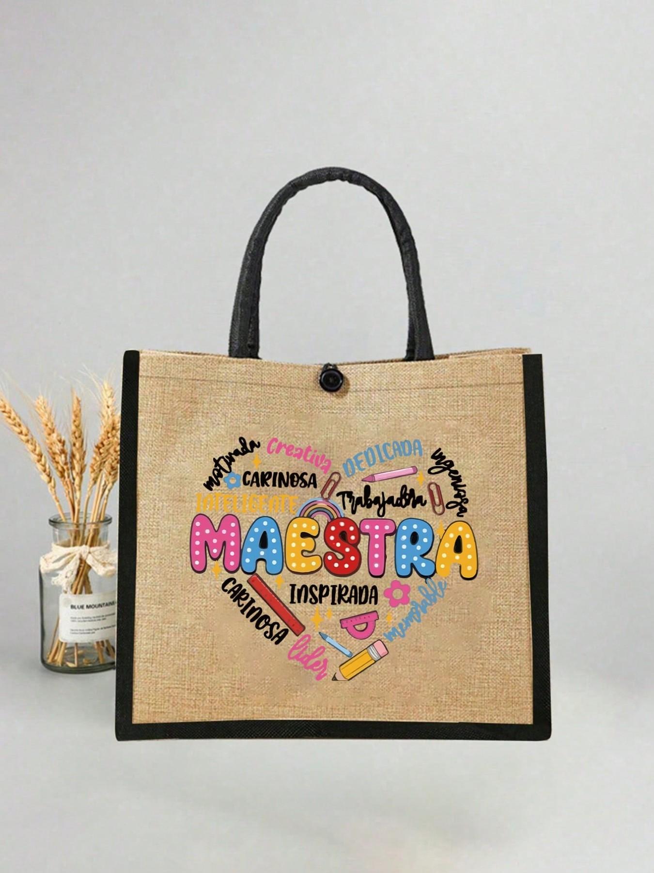 Maestra Theme Tote Bag and Makeup Pouch Set, Large Capacity Linen Shopping Bag, Heart Pattern, Cosmetic Organizer, Casual All-Season Style