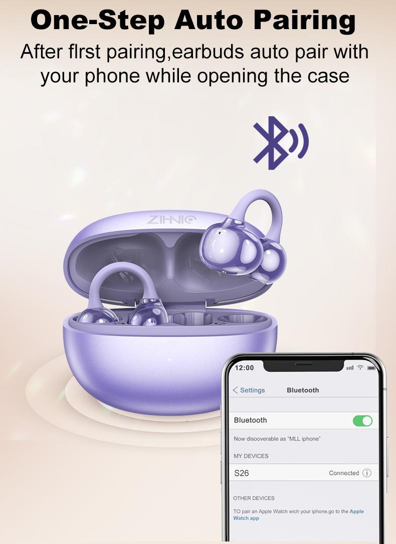 ZIHNIC M108 Clip-on Earbuds Open Ear Earbuds Wireless Bluetooth 5.4  Lightweight Open Ear Headphones with C-Shaped Bridge Slim Hook 50H Battery Waterproof for Glasses Wearers and Workouts Headset Audio