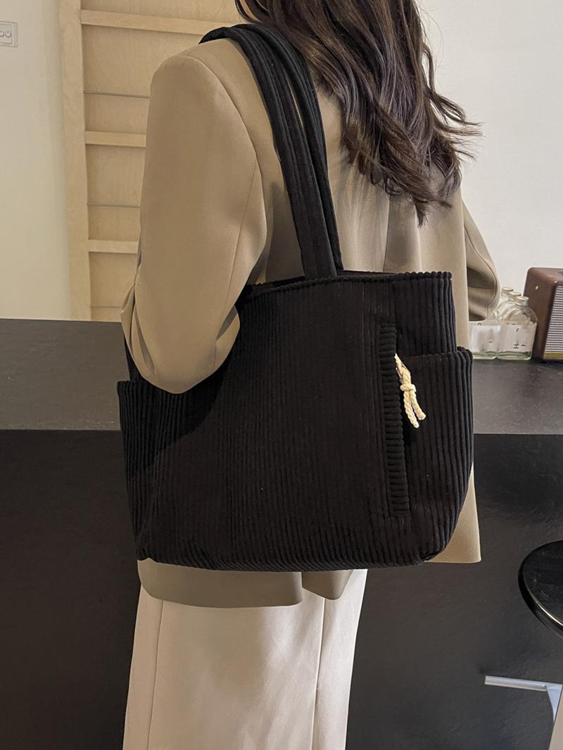 Women's Solid Color Corduroy Tote Bag, Fashionable Large Capacity Shoulder Bag for Work & Daily Used, Casual Trendy Versatile High-quality Daily Commuting Bag