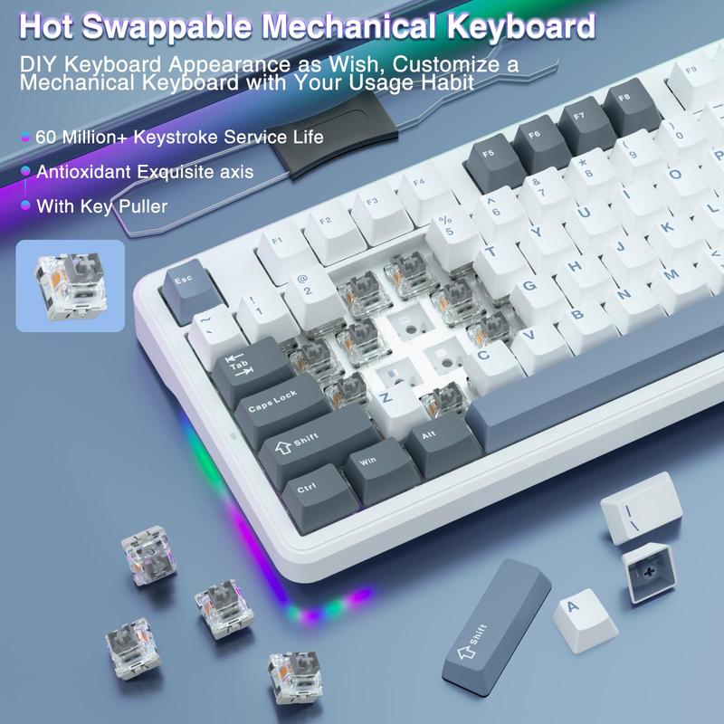 AULA F87 Custom RGB Backlit Mechanical Gaming Wired Keyboard, 75 Percent TKL Gasket Hot Swappable Keyboard with Detachable USB Cable Pre-lubed Greywood Switches,Keyboard for WINS/PC/Mac(White Blue)Creamy Budget Keyboard Office Computer Accessory springtok