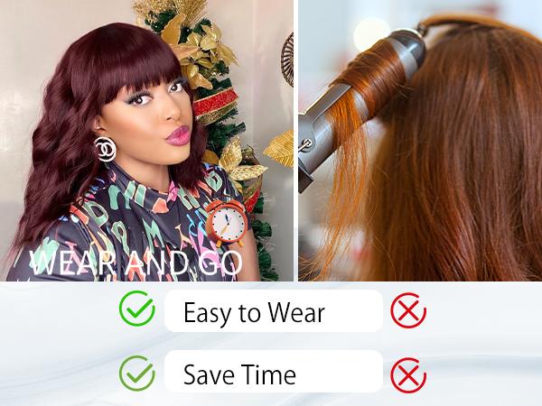 [ AISI HAIR ] Curly Bob Wig with Bangs Short Wavy Wine Red Color Wigs for Women Bob Style Synthetic Heat Resistant Bob Wigs