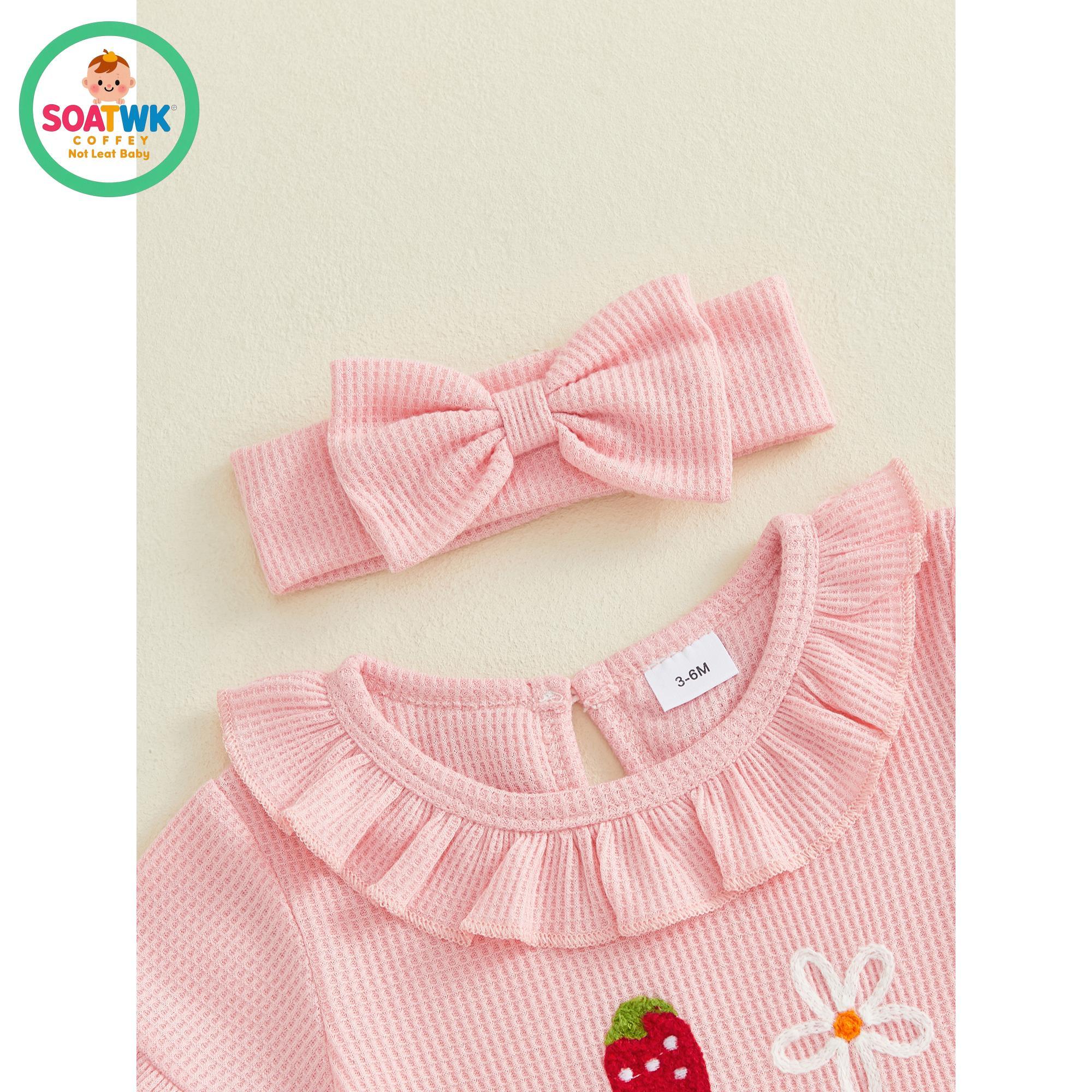 Baby Girl Summer Romper Strawberry Floral Embroidery Ruffles Short Sleeve Jumpsuit with Cute Headband Set