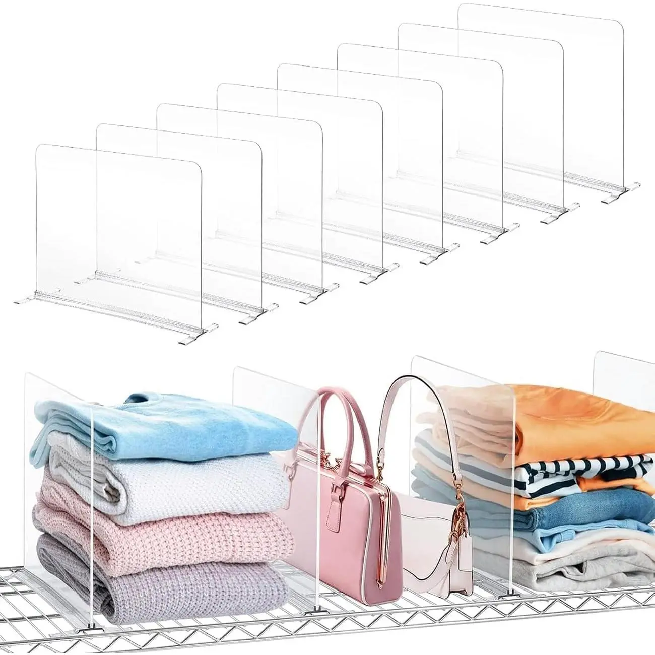 8 Pack Shelf Dividers for Wire Shelves, Acrylic Clear Closet Organizers and Storage for Sweater, Shirts, Bookshelf Handbags Separators Dividers for Closet Organization in Bedroom/Kitchen/Office/Pantry