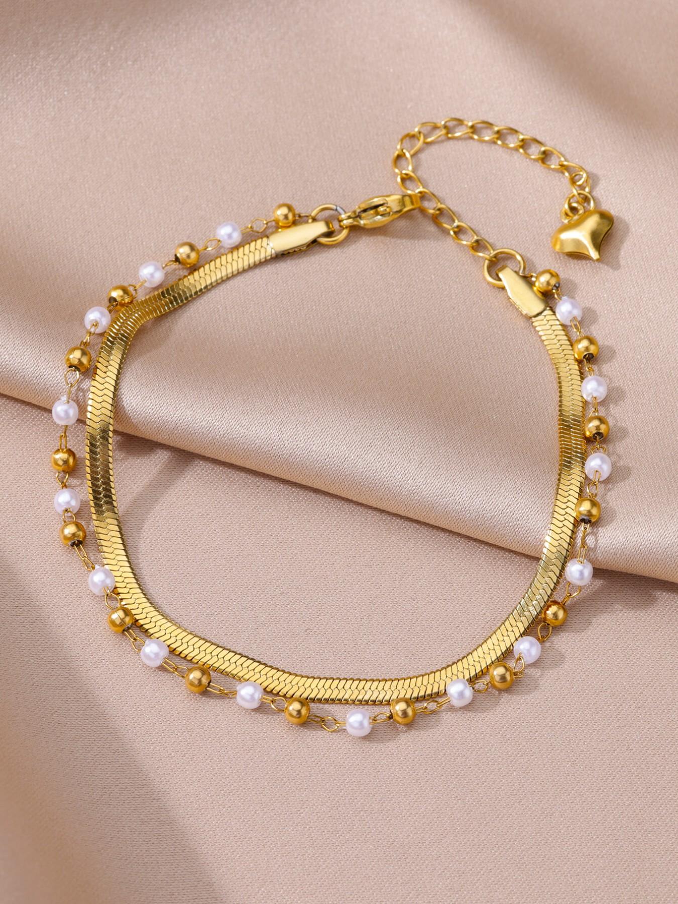 1 Pcs Imitation Pearl Round Bead Layered Anklets for Women Sainless Steel Summer Beach Flat Snake Chain Leg Chain Ankle Bracelet Femme Fashion Waterproof Jewelry,Perfect Gifts for Birthday,Party,Wedding,Anniversary,Mother's Day,Vacation,Daily