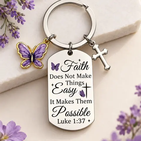 Faith Christian Gifts for Women, Cross Bible Verse Keychain, Butterfly Keychain, Faith Encouragement, Religious Gift for Pastor Sister Mom, Christmas Stocking Stuffer, Baptism Spiritual Gift, Stainless Steel Keyring