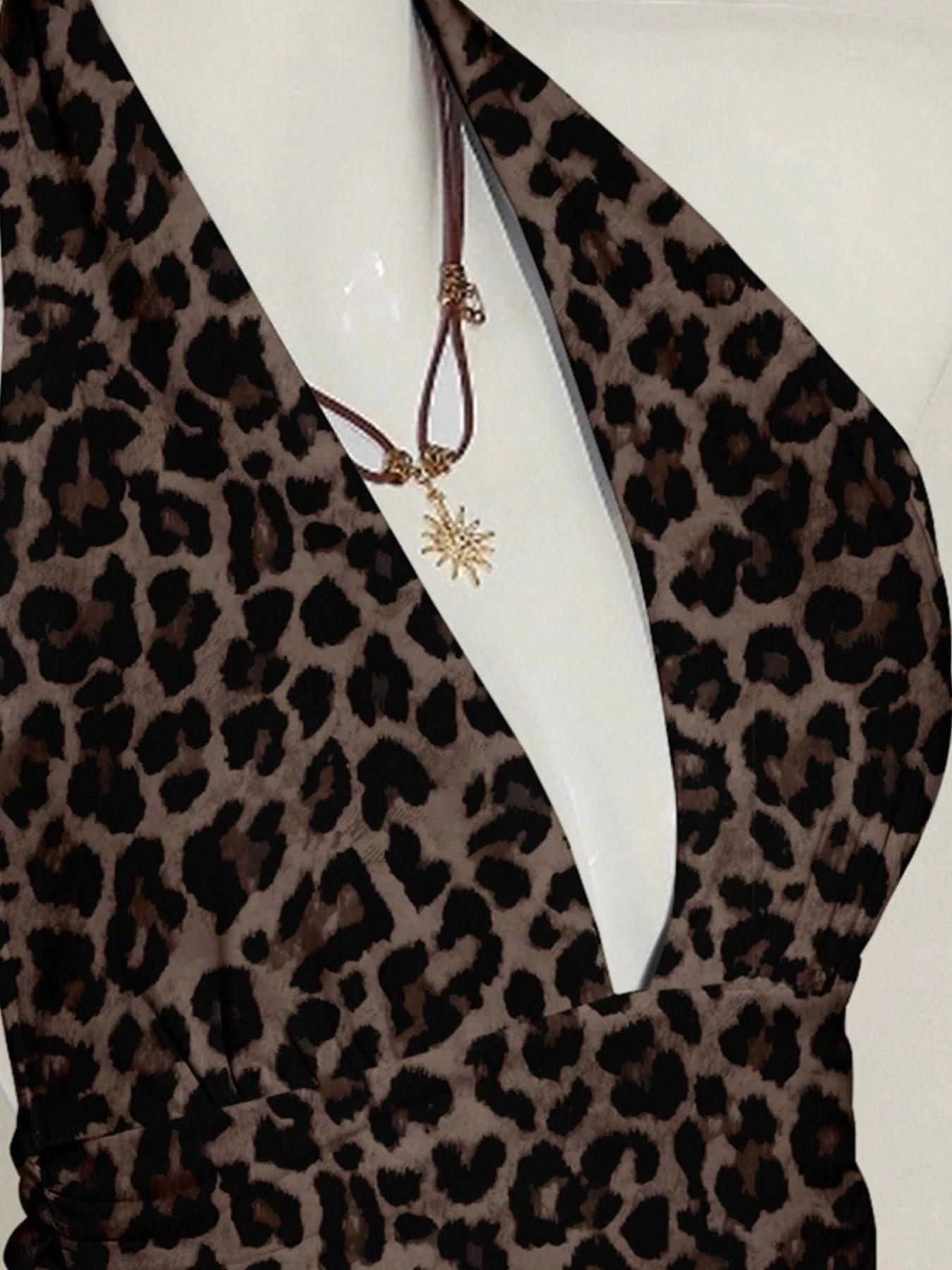 This Leopard Print Halter Top is Y2K Retro Edgy Vibes 🐆 | Deep V Ruched Peplum Top