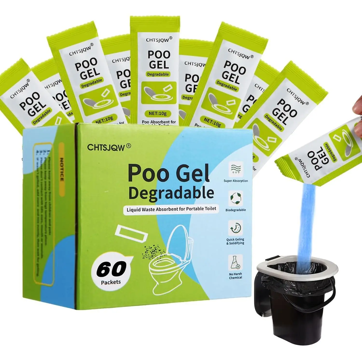 Portable Toilet Powder, Eco Absorbent Gel Liquid Waste Gelling and Deodorizing, Poo Urine Powder for Emergency Toilet Waste Treatment, Camping Outdoor Hiking