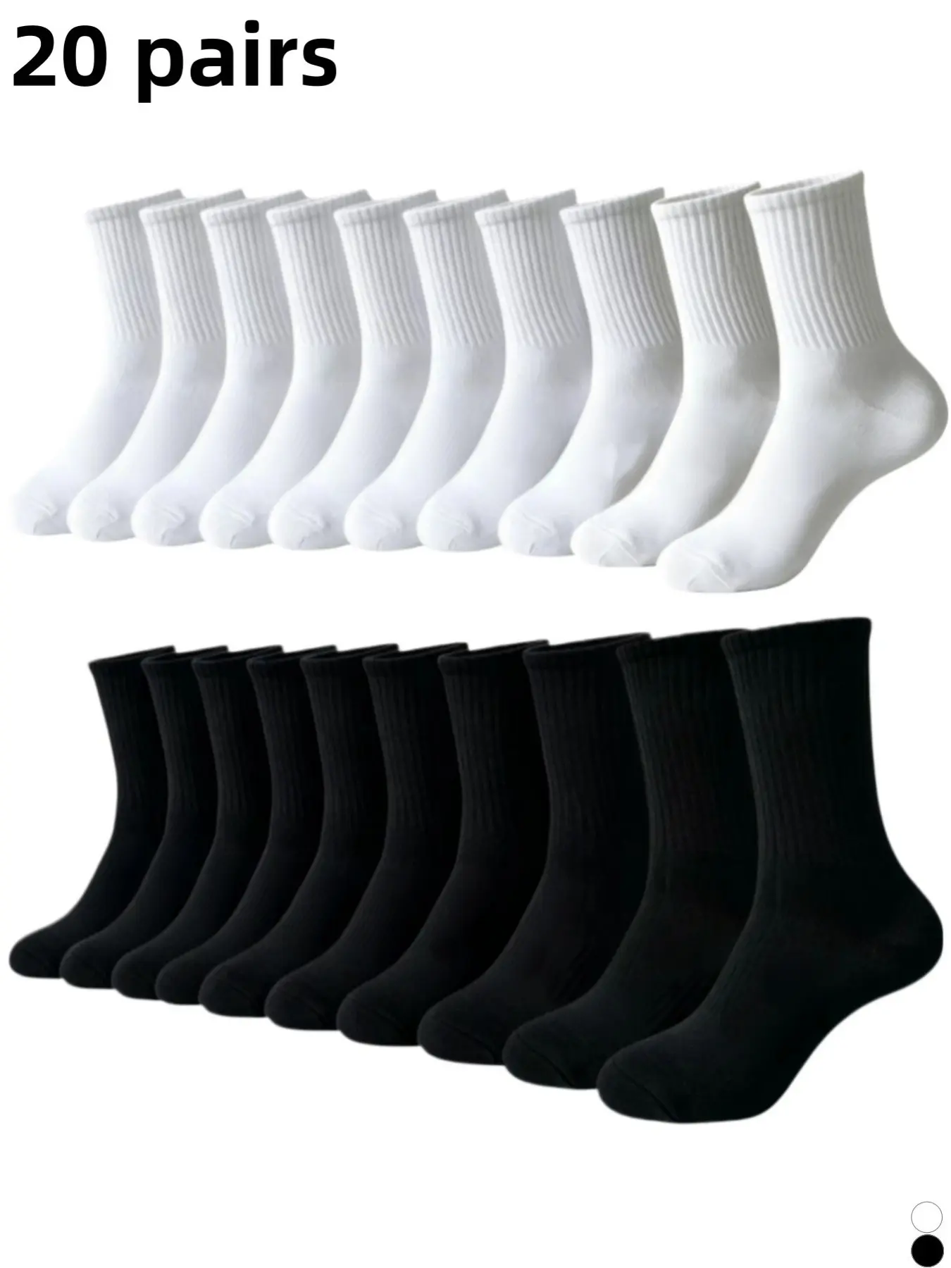 20 Pairs Unisex Crew Socks, Athletic, Solid Color, Breathable Anti-Odor, Soft Comfort, Ideal for Travel & Outdoor Activities