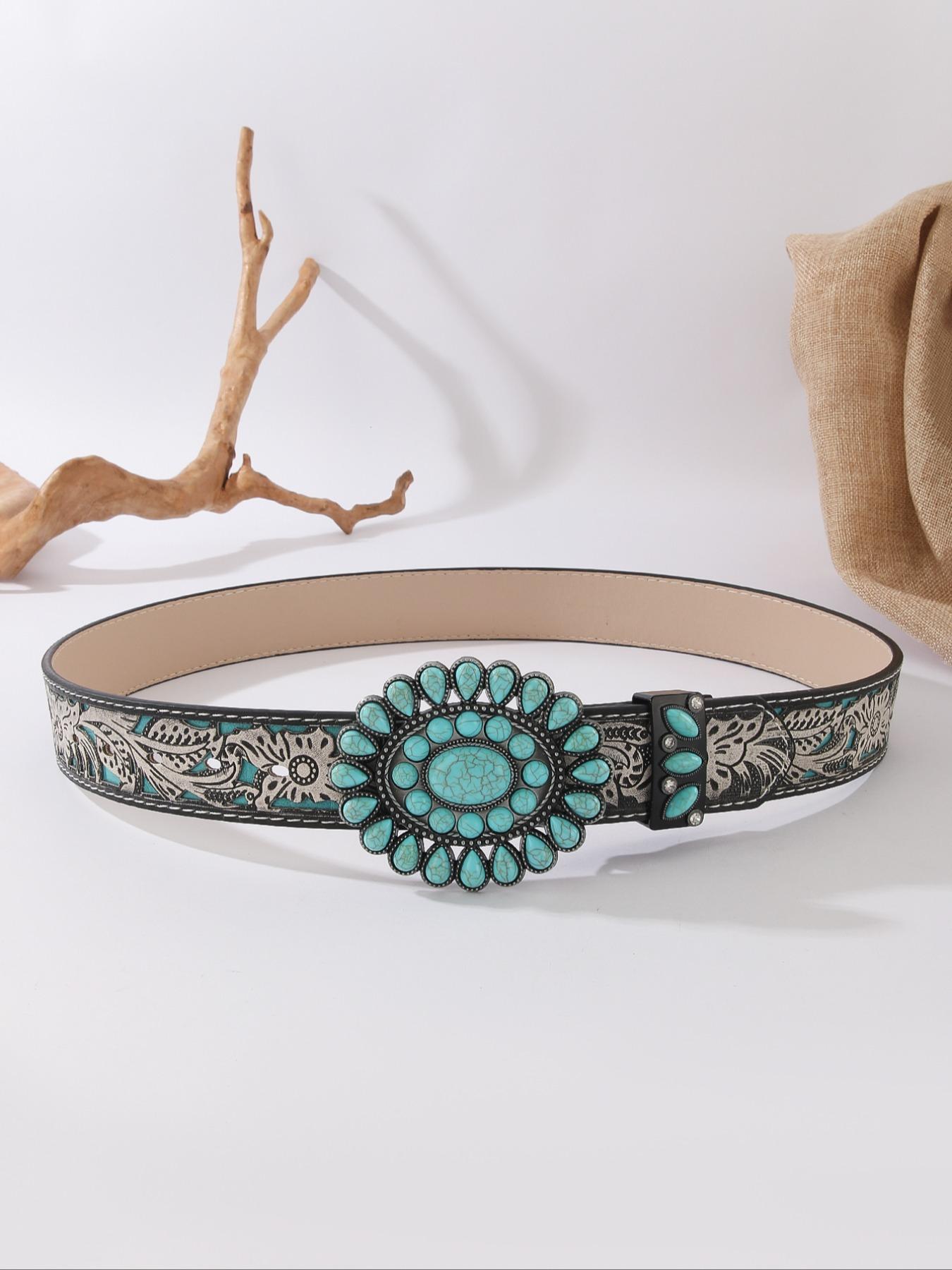 Women's Bohemian Style Waist Belt with Turquoise Alloy Buckle, Vintage Fashion Accessory for Ladies, Elegant Design for Daily Wear