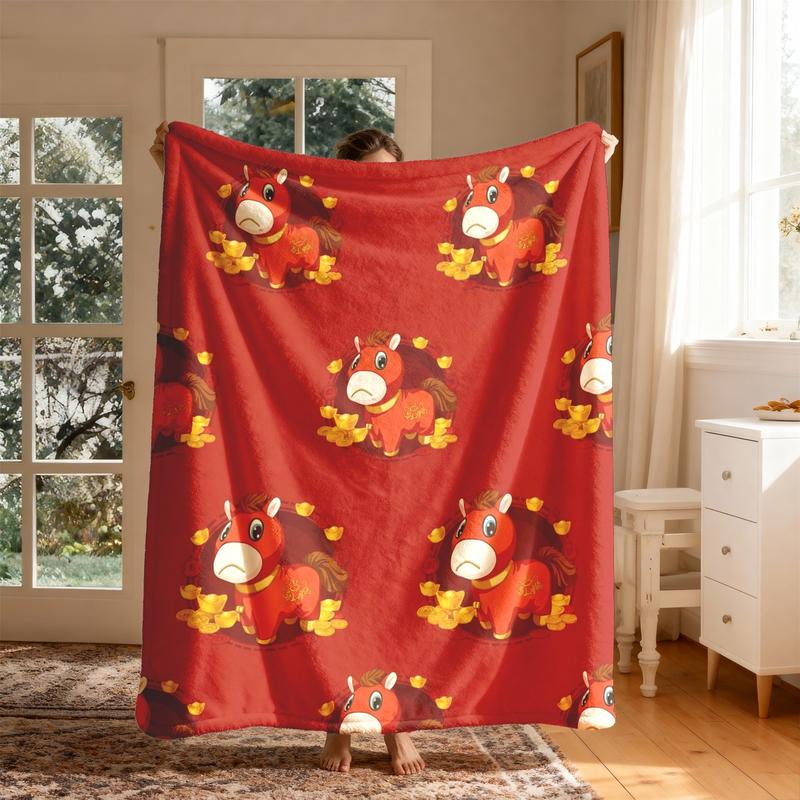 Cute Bitter Horse Theme Flannel Blanket, Large Size, Soft Lightweight Warm, Perfect for Bed Sofa Office Camping Travel Gift