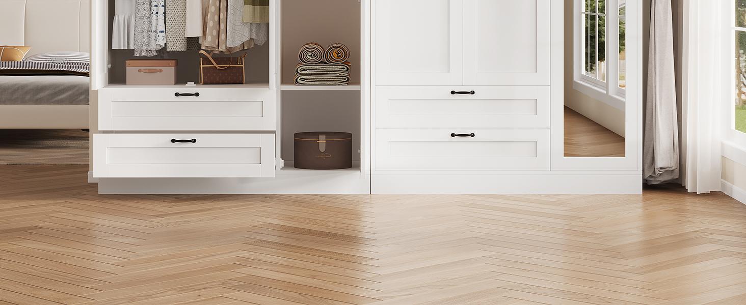 FUSOU 5-in-1 Wardrobe Closet with Full Length Mirror and 2 Drawers, Freestanding Storage Cabinet with Adjustable Shelves, Modern White Wood Armoire for Bedroom Organization FUSOU 5-in-1 Wardrobe Closet with Full Length Mirror and 2 Drawers, Freestanding Storage Cabinet with Adjustable Shelves, Modern White Wood Armoire for Bedroom Organization